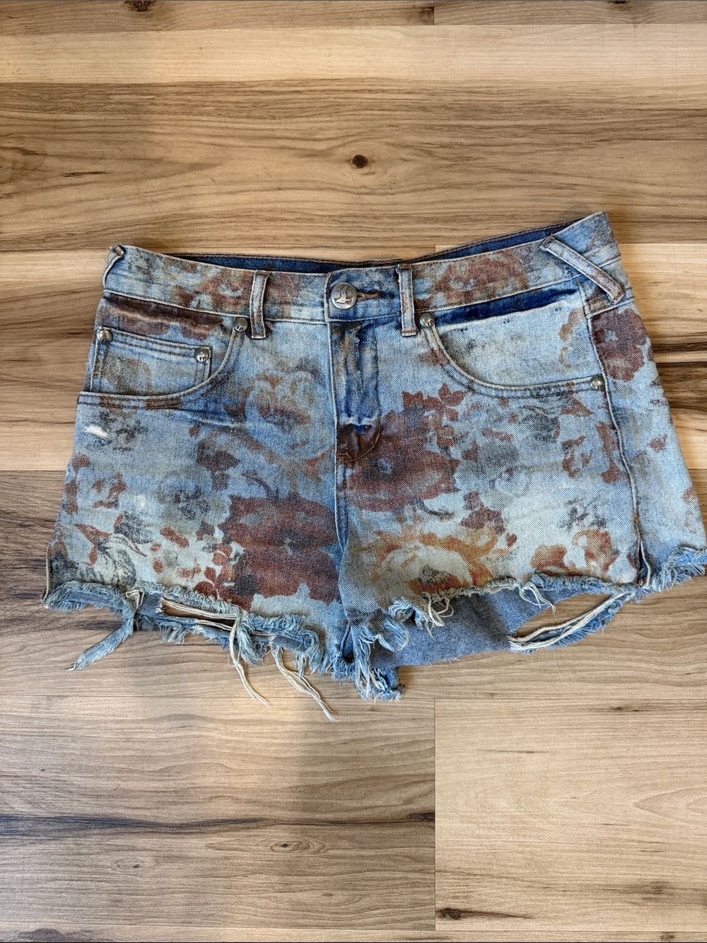 Free People Distressed Floral Tie-Dye Denim Shorts - Light Blue & Brown